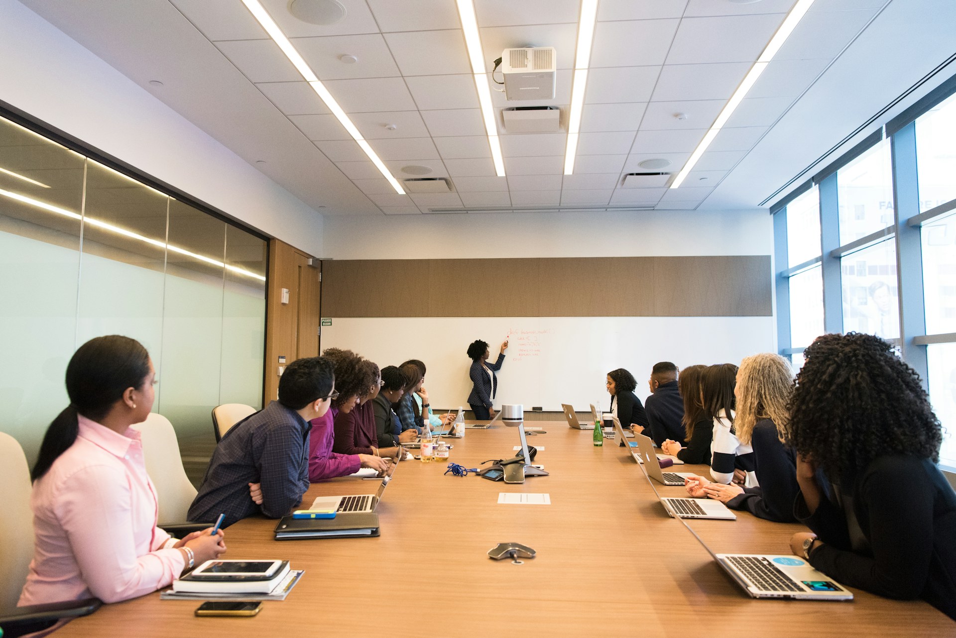 Professionals collaborating around a conference table