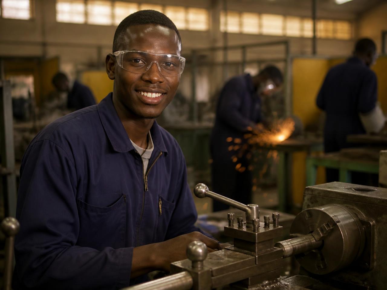 Young Kenyan technician training in a TVET workshop